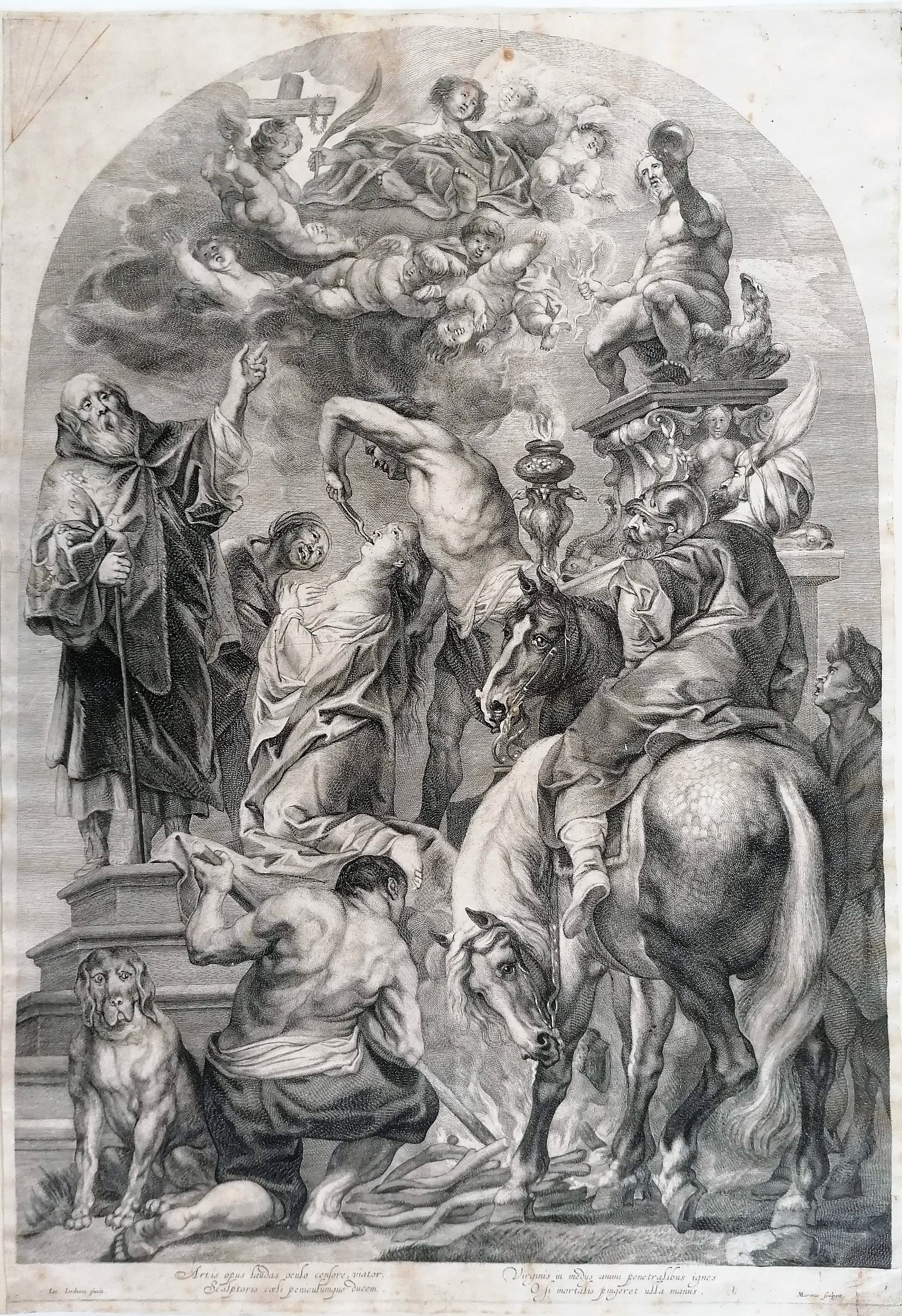 Ignatius Cornelis Marinus (Stecher) nach Jacob Jordaens, Das Martyrium der hl. Apollonia (1628), um 1635, Kupferstich, Zisterzienserabtei Stift Stams, Kunstsammlung, Grafik, Inv.-Nr. 5016. Foto Dr. Helmuth Oehler, Innsbruck.